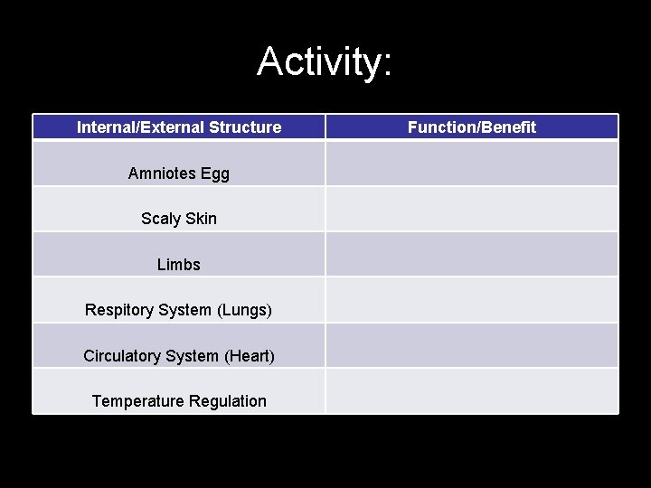 Activity: Internal/External Structure Amniotes Egg Scaly Skin Limbs Respitory System (Lungs) Circulatory System (Heart)
