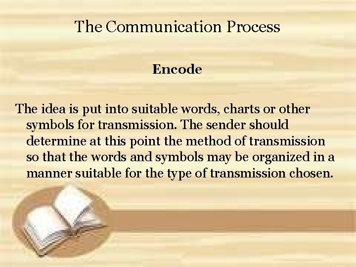 The Communication Process Encode The idea is put into suitable words, charts or other