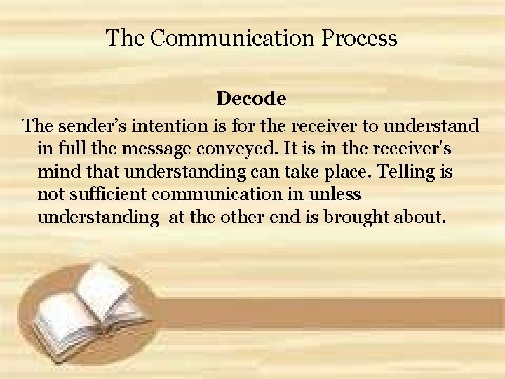 The Communication Process Decode The sender’s intention is for the receiver to understand in