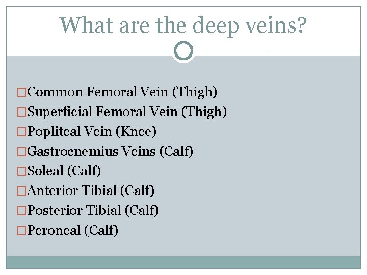 What are the deep veins? �Common Femoral Vein (Thigh) �Superficial Femoral Vein (Thigh) �Popliteal