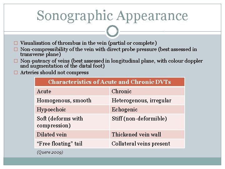 Sonographic Appearance � Visualisation of thrombus in the vein (partial or complete) � Non-compressibility Sonographic Appearance � Visualisation of thrombus in the vein (partial or complete) � Non-compressibility