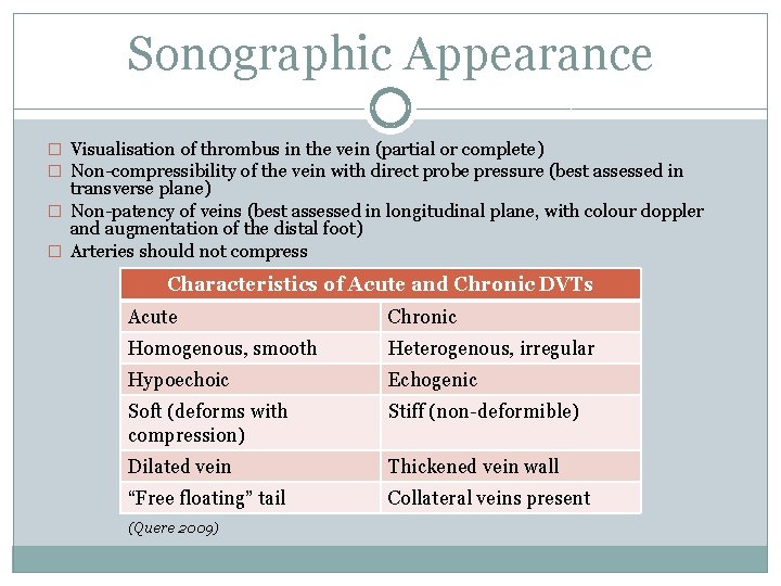 Sonographic Appearance � Visualisation of thrombus in the vein (partial or complete) � Non-compressibility