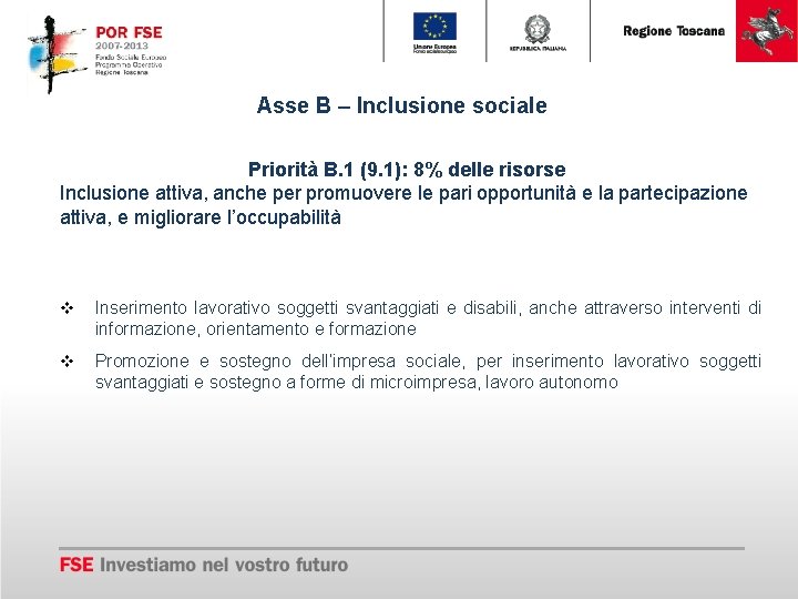 Asse B – Inclusione sociale Priorità B. 1 (9. 1): 8% delle risorse Inclusione