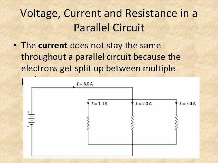 Voltage, Current and Resistance in a Parallel Circuit • The current does not stay