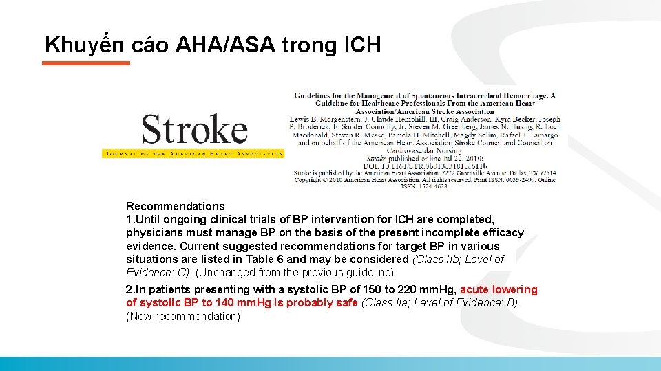 Khuyến cáo AHA/ASA trong ICH Recommendations 1. Until ongoing clinical trials of BP intervention