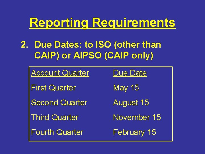 Reporting Requirements 2. Due Dates: to ISO (other than CAIP) or AIPSO (CAIP only)