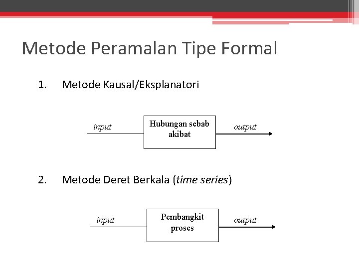 Metode Peramalan Tipe Formal 1. Metode Kausal/Eksplanatori input 2. Hubungan sebab akibat output Metode