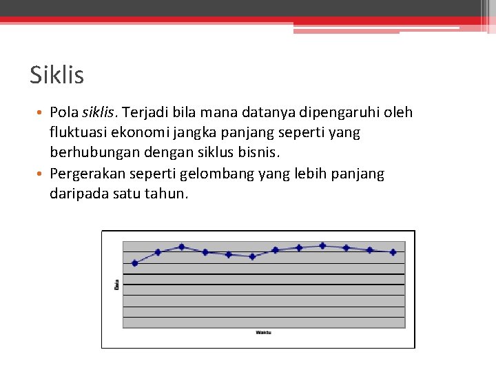 Siklis • Pola siklis. Terjadi bila mana datanya dipengaruhi oleh fluktuasi ekonomi jangka panjang