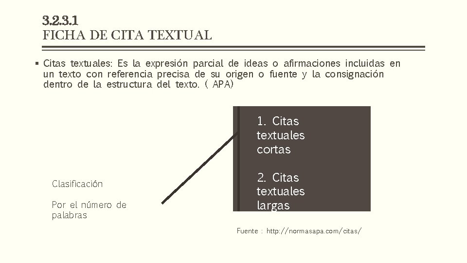 3. 2. 3. 1 FICHA DE CITA TEXTUAL § Citas textuales: Es la expresión