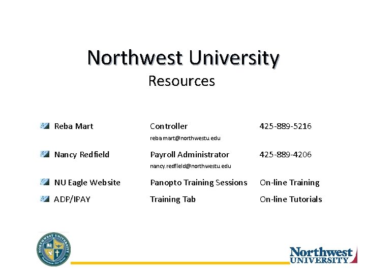 Northwest University Resources Reba Mart Controller 425 -889 -5216 reba. mart@northwestu. edu Nancy Redfield