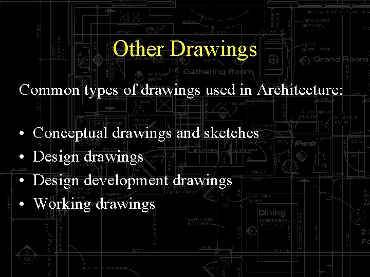 Other Drawings Common types of drawings used in Architecture: • • Conceptual drawings and