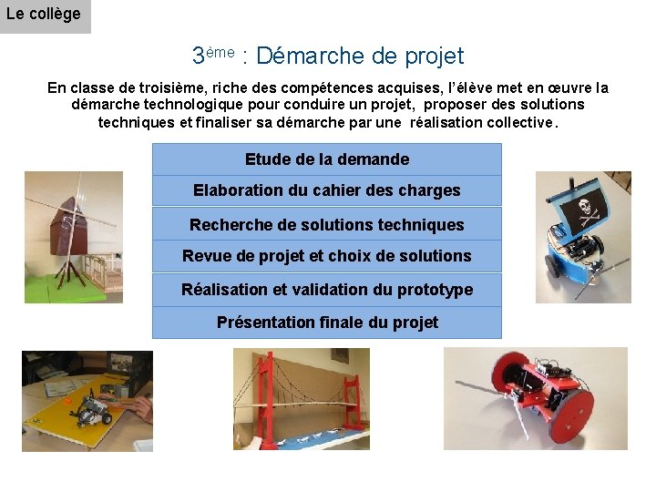 Le collège 3ème : Démarche de projet En classe de troisième, riche des compétences