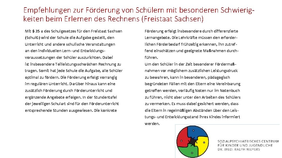 Empfehlungen zur Förderung von Schülern mit besonderen Schwierigkeiten beim Erlernen des Rechnens (Freistaat Sachsen)