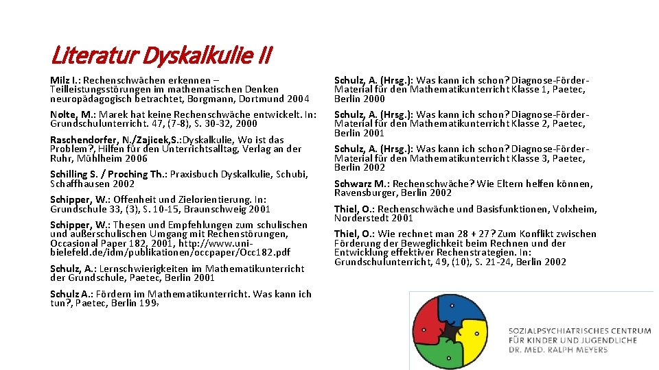 Literatur Dyskalkulie II Milz I. : Rechenschwächen erkennen – Teilleistungsstörungen im mathematischen Denken neuropädagogisch