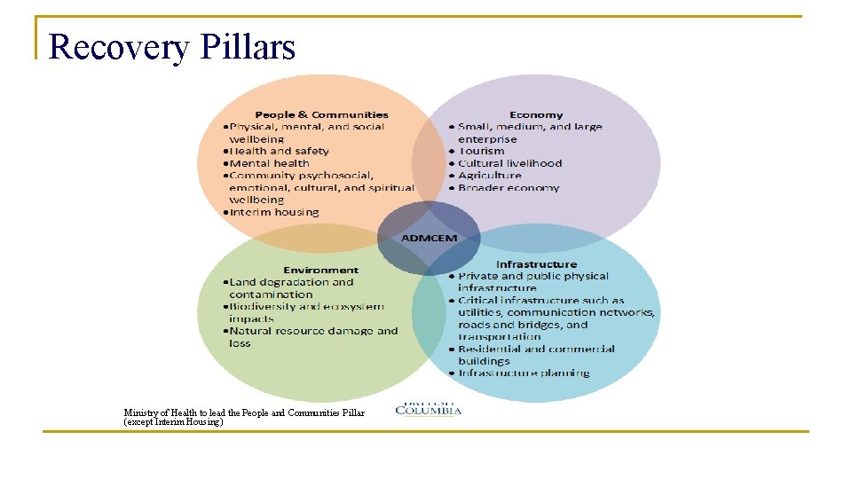 Recovery Pillars Ministry of Health to lead the People and Communities Pillar (except Interim Recovery Pillars Ministry of Health to lead the People and Communities Pillar (except Interim