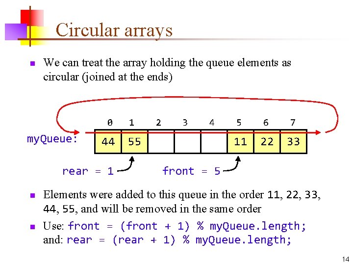 Circular arrays n We can treat the array holding the queue elements as circular