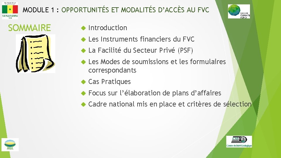 MODULE 1 : OPPORTUNITÉS ET MODALITÉS D’ACCÈS AU FVC SOMMAIRE Introduction Les Instruments financiers