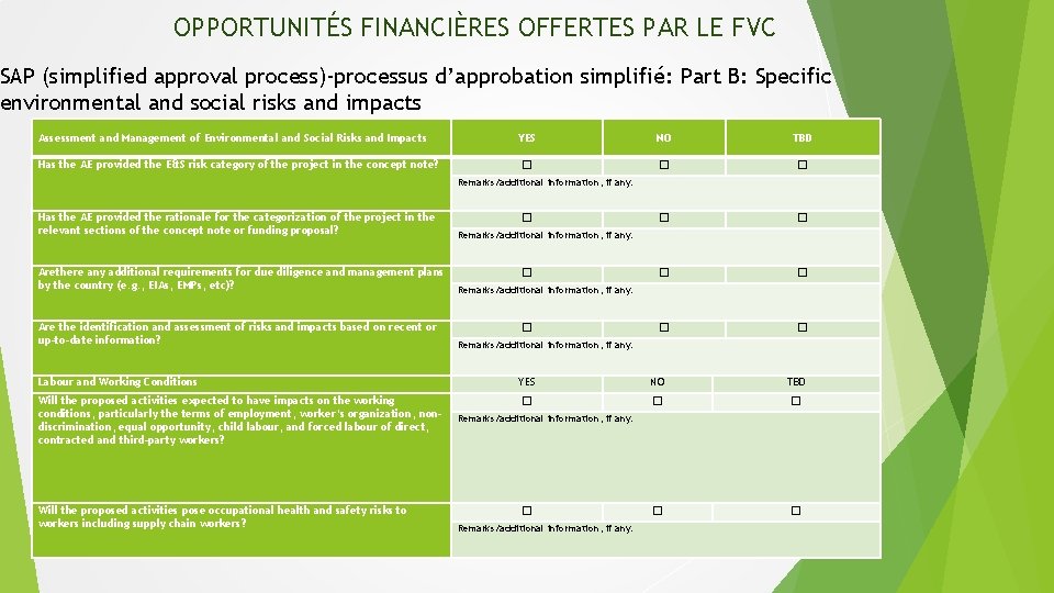 OPPORTUNITÉS FINANCIÈRES OFFERTES PAR LE FVC SAP (simplified approval process)-processus d’approbation simplifié: Part B: