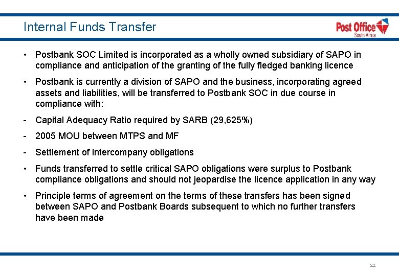 Internal Funds Transfer • Postbank SOC Limited is incorporated as a wholly owned subsidiary