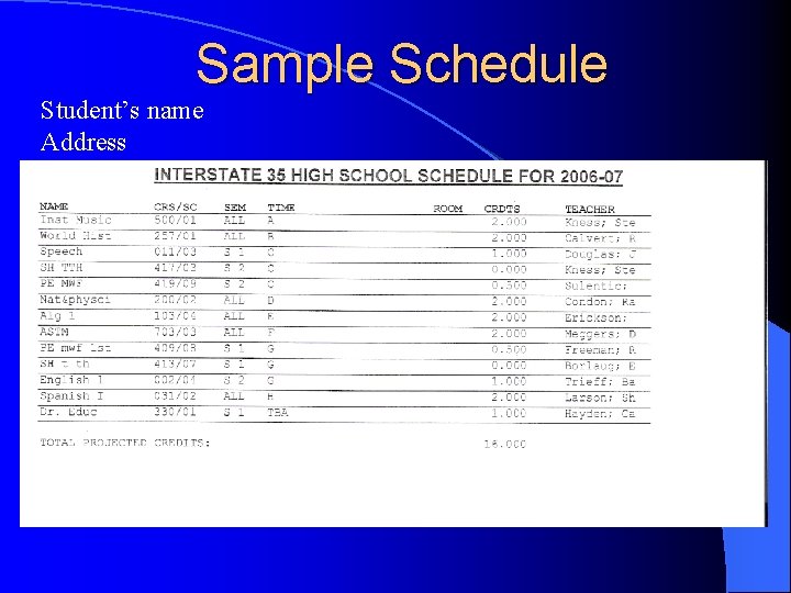 Sample Schedule Student’s name Address 