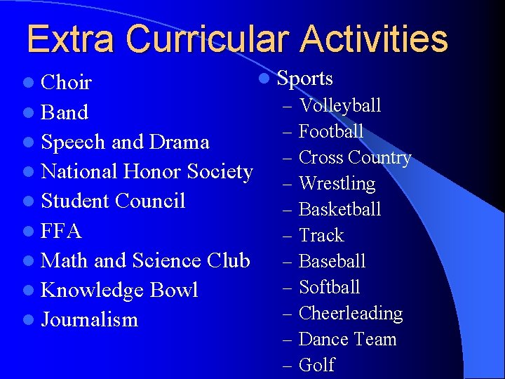 Extra Curricular Activities l Sports – Volleyball l Band – Football l Speech and