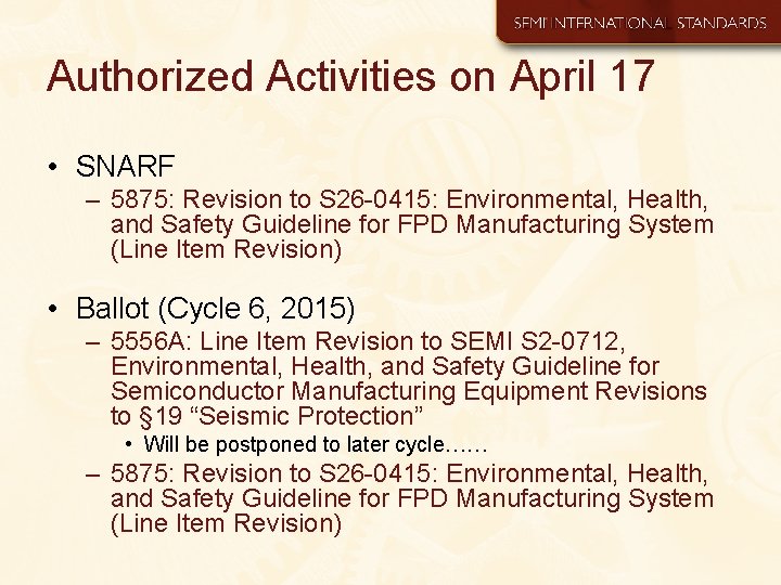 Authorized Activities on April 17 • SNARF – 5875: Revision to S 26 -0415: