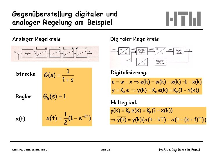 Gegenüberstellung digitaler und analoger Regelung am Beispiel Analoger Regelkreis Digitalisierung: Strecke Regler Halteglied: x(t)