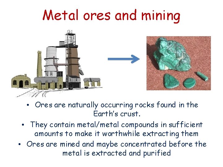 Metal ores and mining • Ores are naturally occurring rocks found in the Earth’s