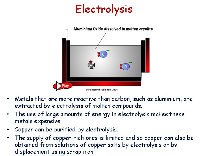 Electrolysis • Metals that are more reactive than carbon, such as aluminium, are extracted