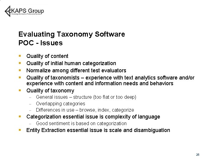 Evaluating Taxonomy Software POC - Issues § § § Quality of content Quality of