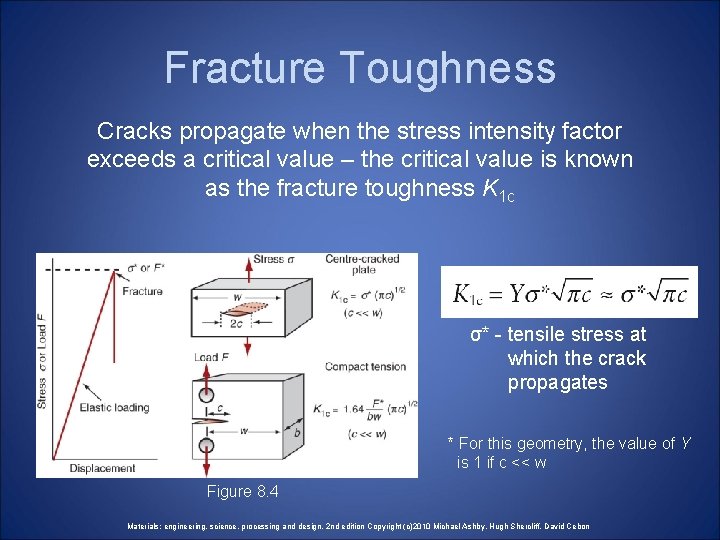Fracture Toughness Cracks propagate when the stress intensity factor exceeds a critical value – Fracture Toughness Cracks propagate when the stress intensity factor exceeds a critical value –