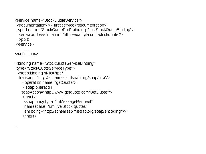 <service name="Stock. Quote. Service"> <documentation>My first service</documentation> <port name="Stock. Quote. Port" binding="tns: Stock. Quote.