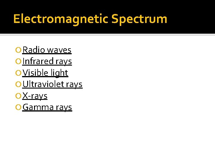 Electromagnetic Spectrum Radio waves Infrared rays Visible light Ultraviolet rays X-rays Gamma rays Electromagnetic Spectrum Radio waves Infrared rays Visible light Ultraviolet rays X-rays Gamma rays