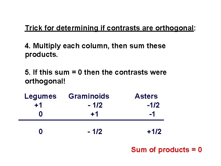 Trick for determining if contrasts are orthogonal: 4. Multiply each column, then sum these