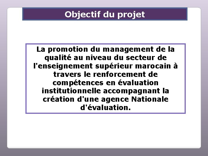 Objectif du projet La promotion du management de la qualité au niveau du secteur