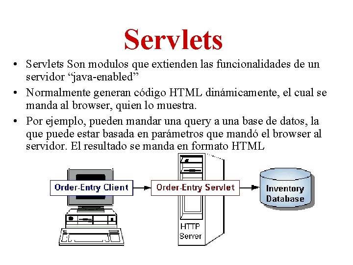 Servlets • Servlets Son modulos que extienden las funcionalidades de un servidor “java-enabled” •