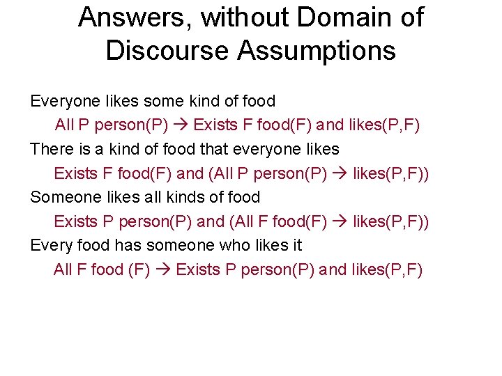 Answers, without Domain of Discourse Assumptions Everyone likes some kind of food All P
