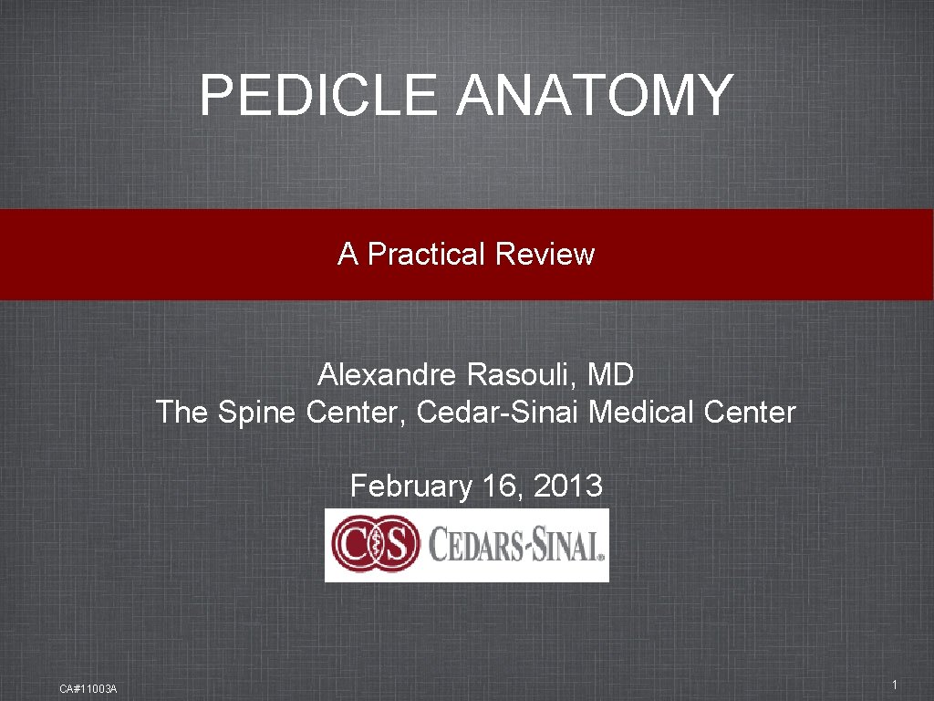 PEDICLE ANATOMY A Practical Review Alexandre Rasouli, MD The Spine Center, Cedar-Sinai Medical Center