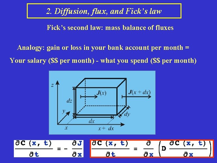 2. Diffusion, flux, and Fick’s law Fick’s second law: mass balance of fluxes Analogy: