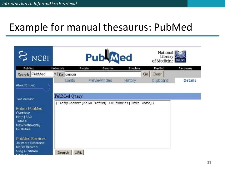 Introduction to Information Retrieval Example for manual thesaurus: Pub. Med 57 