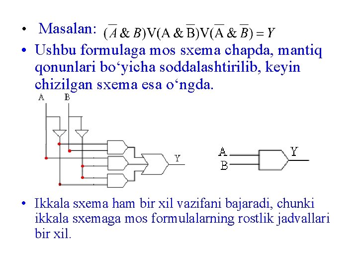 • Masalan: • Ushbu formulaga mos sxema chapda, mantiq qonunlari bo‘yicha soddalashtirilib, keyin • Masalan: • Ushbu formulaga mos sxema chapda, mantiq qonunlari bo‘yicha soddalashtirilib, keyin