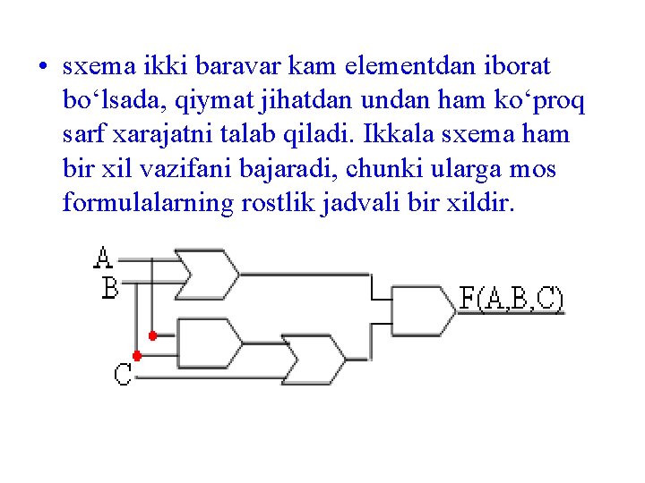 • sxema ikki baravar kam elementdan iborat bo‘lsada, qiymat jihatdan undan ham ko‘proq • sxema ikki baravar kam elementdan iborat bo‘lsada, qiymat jihatdan undan ham ko‘proq