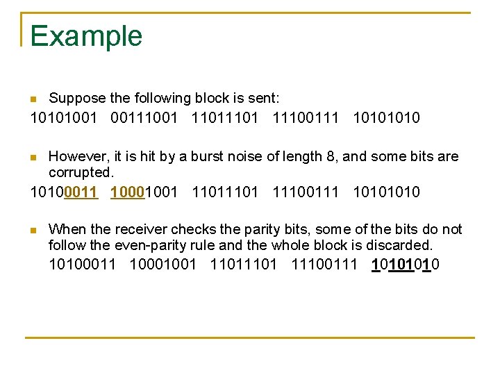 Example Suppose the following block is sent: 10101001 00111001 1101 11100111 1010 n However,