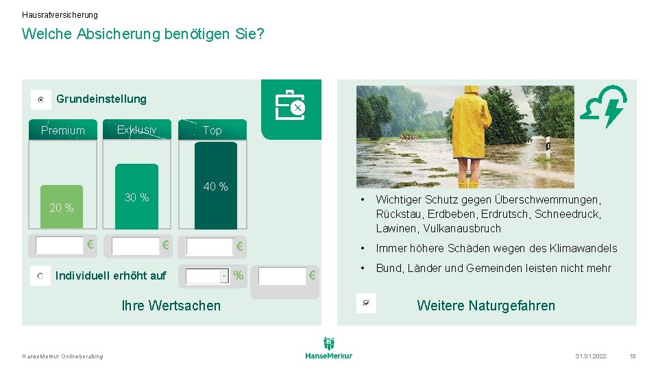 Hausratversicherung Welche Absicherung benötigen Sie? Grundeinstellung Exklusiv Premium Top 40 % 30 % 20