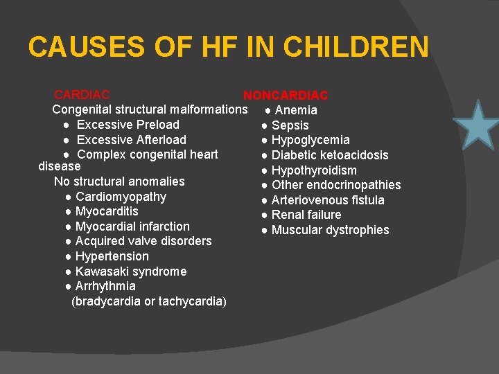 CAUSES OF HF IN CHILDREN CARDIAC NONCARDIAC Congenital structural malformations ● Anemia ● Excessive