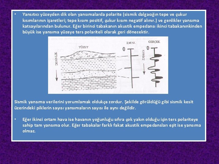  • Yansıtıcı yüzeyden dik olan yansımalarda polarite (sismik dalgacığın tepe ve çukur kısımlarının