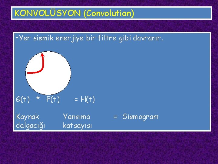 KONVOLÜSYON (Convolution) • Yer sismik enerjiye bir filtre gibi davranır. G(t) * F(t) Kaynak