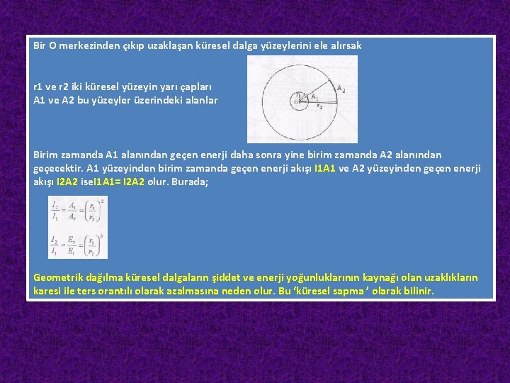 Bir O merkezinden çıkıp uzaklaşan küresel dalga yüzeylerini ele alırsak r 1 ve r