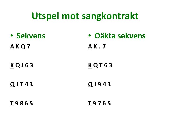 Utspel mot sangkontrakt • Sekvens • Oäkta sekvens AKQ 7 AKJ 7 KQJ 63