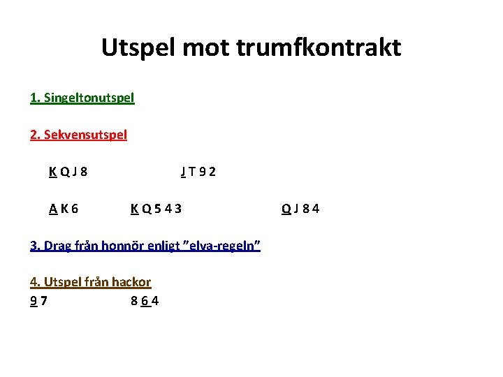 Utspel mot trumfkontrakt 1. Singeltonutspel 2. Sekvensutspel KQJ 8 AK 6 JT 92 KQ